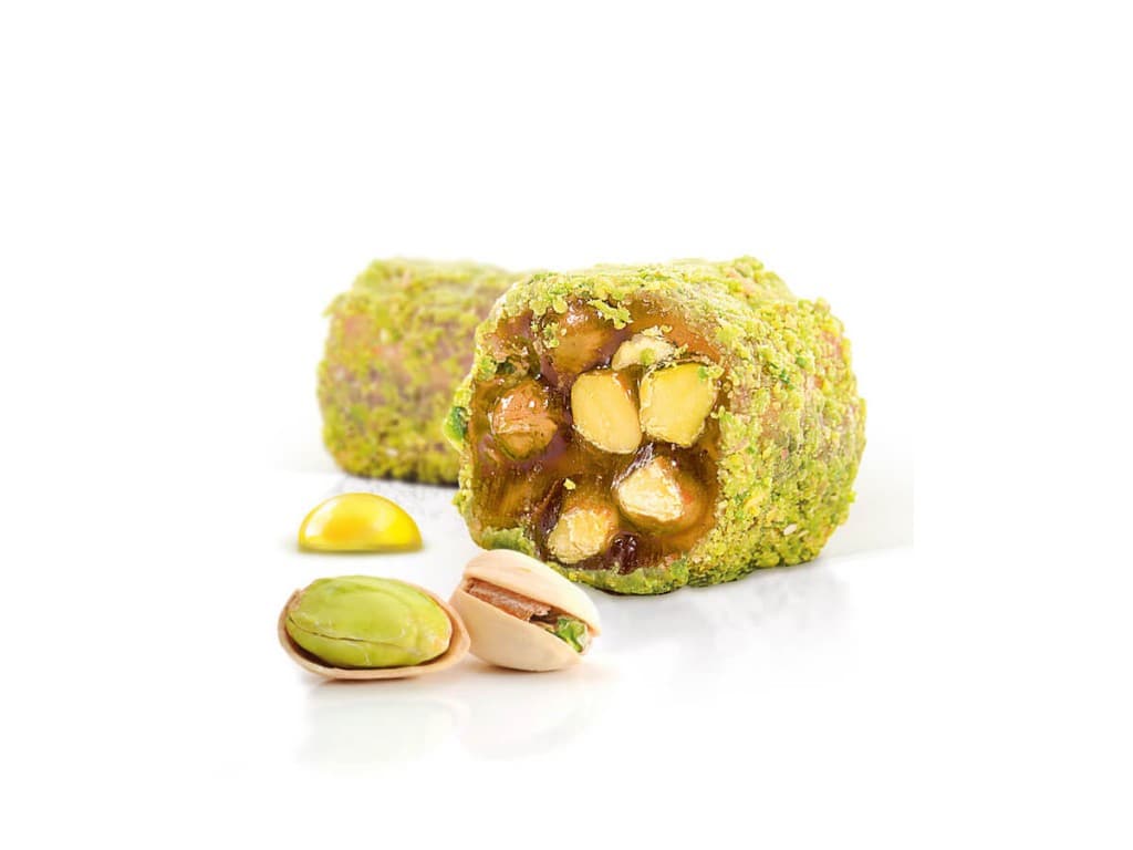 Lokum en bandelettes aromatisé au miel, enrobé de poudre de pistaches d’Antep