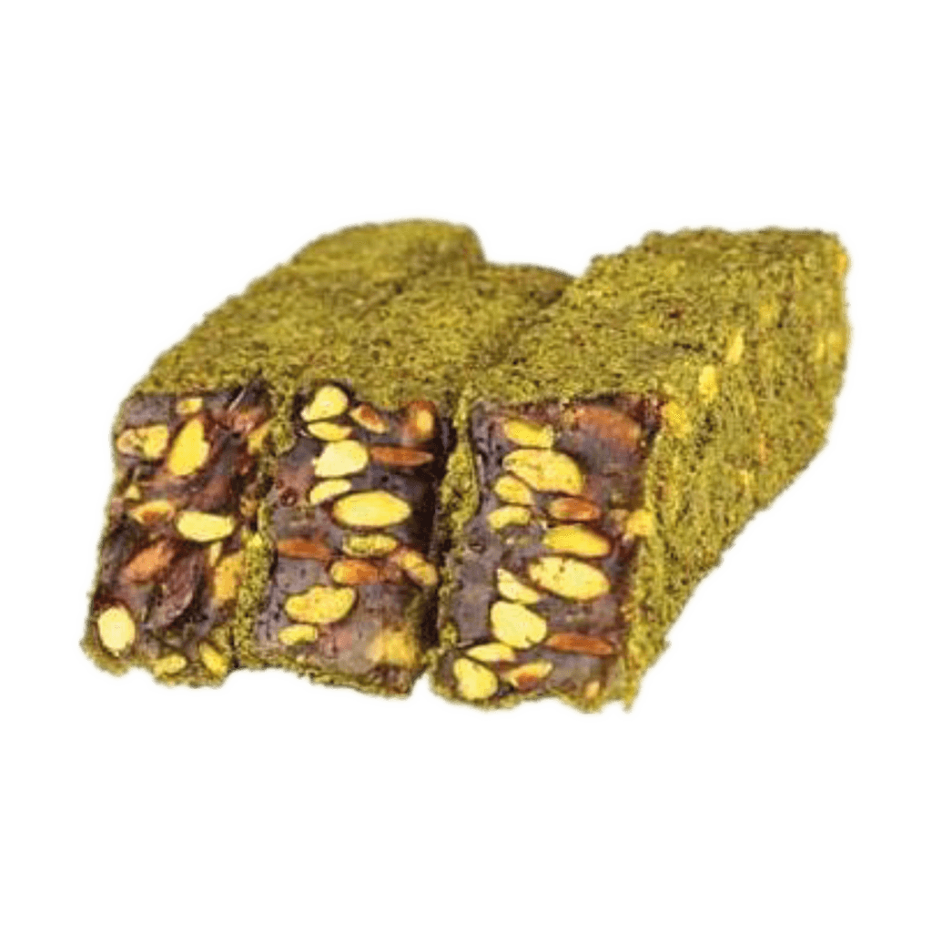 Bâton de lokoum au miel, enrobé de pistaches moulues